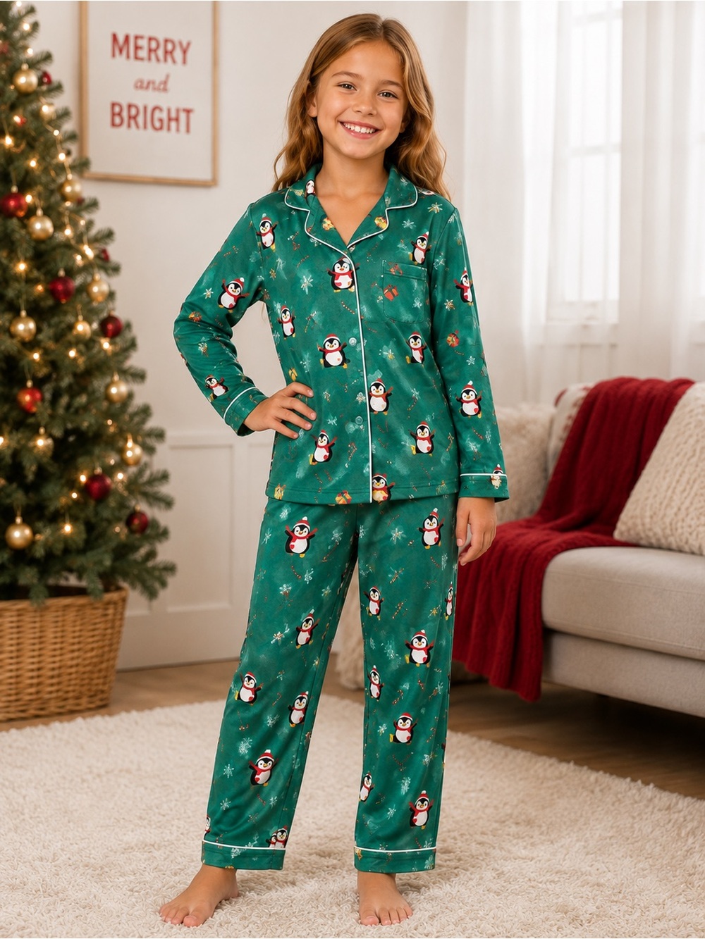 Kids 9–10T Christmas Penguin Pajama Set